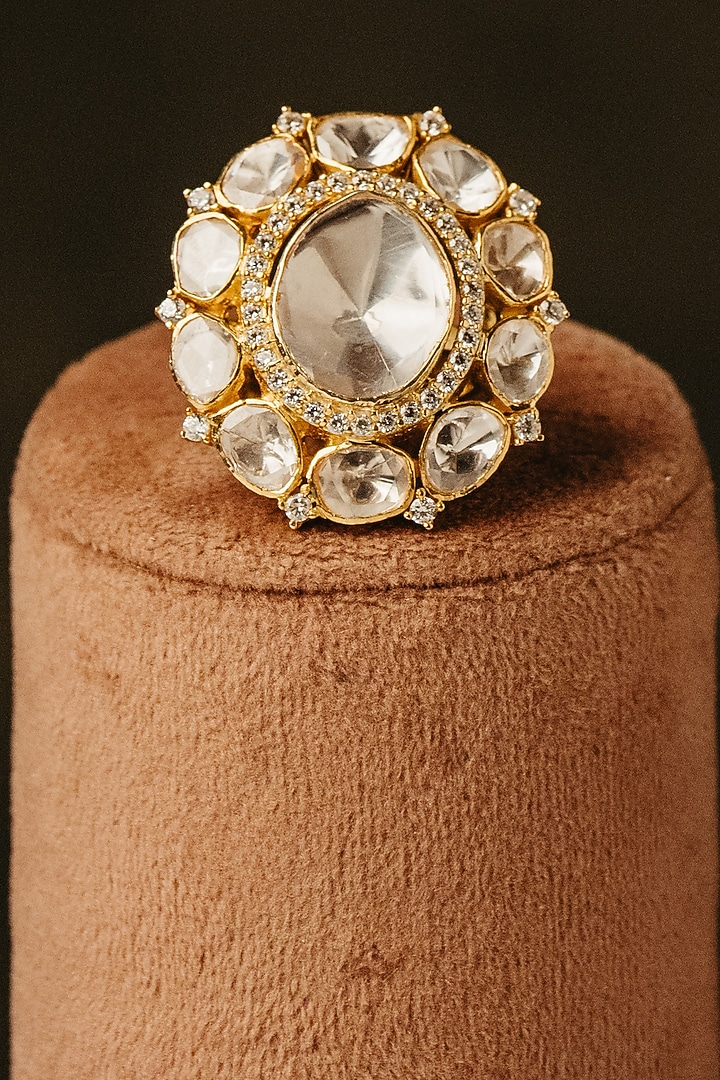 Gold Finish Kundan Polki Floral Ring In Sterling Silver by Varq Jewels at Pernia's Pop Up Shop