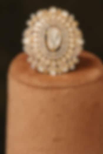 Gold Finish Kundan Polki Floral Ring In Sterling Silver by Varq Jewels at Pernia's Pop Up Shop