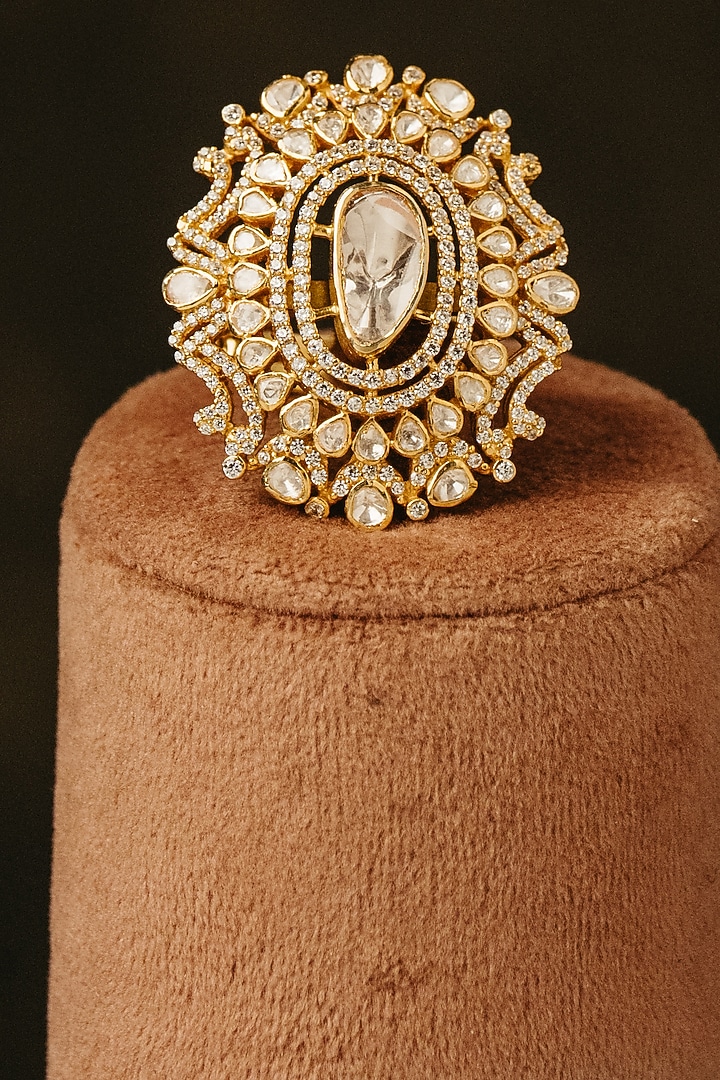 Gold Finish Kundan Polki Floral Ring In Sterling Silver by Varq Jewels at Pernia's Pop Up Shop