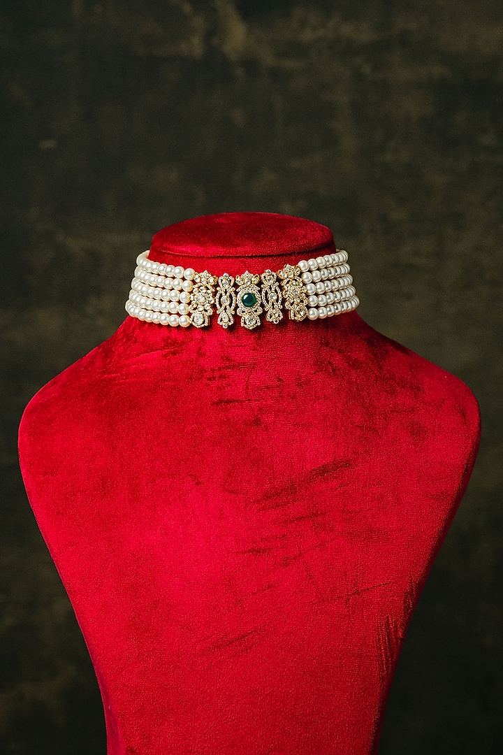 Gold Finish Pearl & Green Stone Choker Necklace In Sterling Silver by Varq Jewels at Pernia's Pop Up Shop