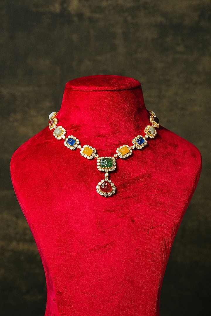Gold Finish Multi-Colored Stone Necklace In Sterling Silver by Varq Jewels at Pernia's Pop Up Shop