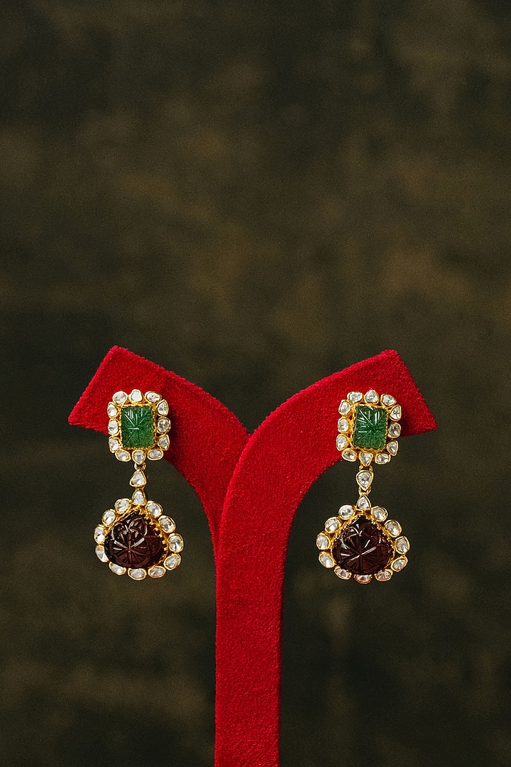 Gold Finish Green Stone Dangler Earrings In Sterling Silver by Varq Jewels at Pernia's Pop Up Shop