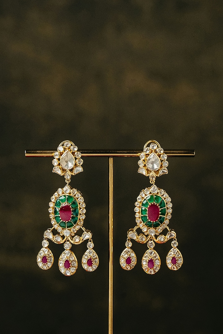 Gold Finish Multi-Colored Stone Jhumka Earrings In Sterling Silver by Varq Jewels at Pernia's Pop Up Shop