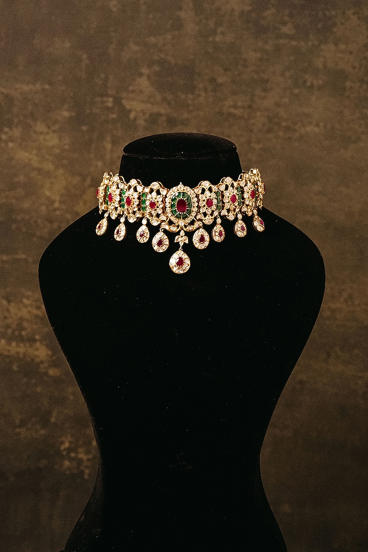 Gold Finish Multi-Colored Stone Choker Necklace In Sterling Silver by Varq Jewels at Pernia's Pop Up Shop