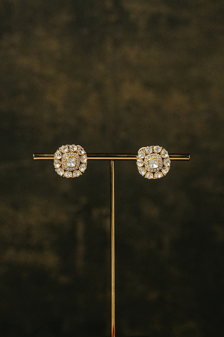 Gold Finish Kundan Polki Floral Stud Earrings In Sterling Silver by Varq Jewels at Pernia's Pop Up Shop