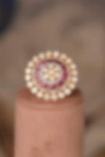 Gold Plated Kundan Polki & Ruby Stone Ring In Sterling Silver by Varq Jewels at Pernia's Pop Up Shop