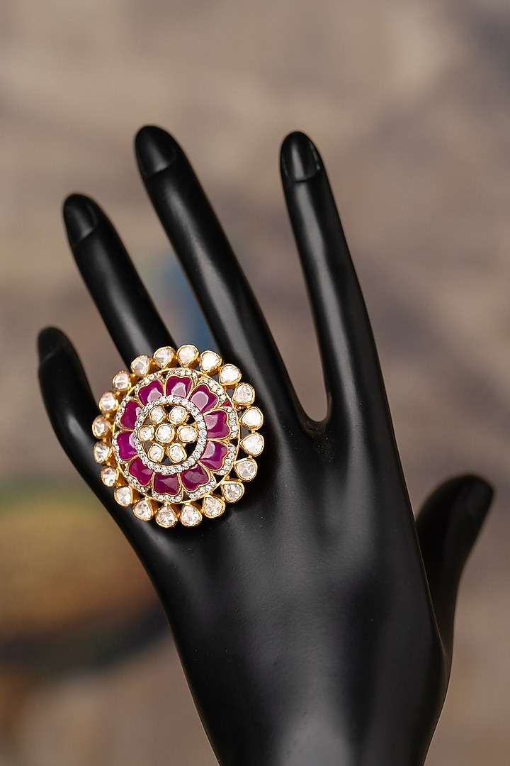 Gold Plated Kundan Polki & Ruby Stone Ring In Sterling Silver by Varq Jewels at Pernia's Pop Up Shop