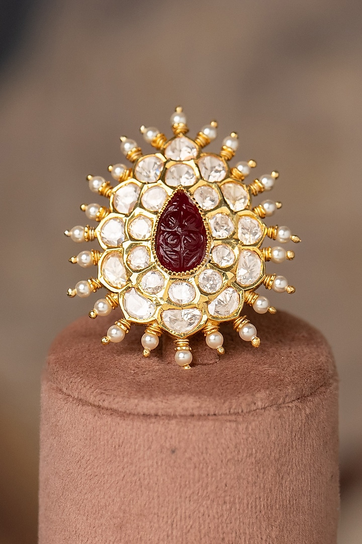 Gold Plated Kundan Polki & Ruby Stone Ring In Sterling Silver by Varq Jewels at Pernia's Pop Up Shop