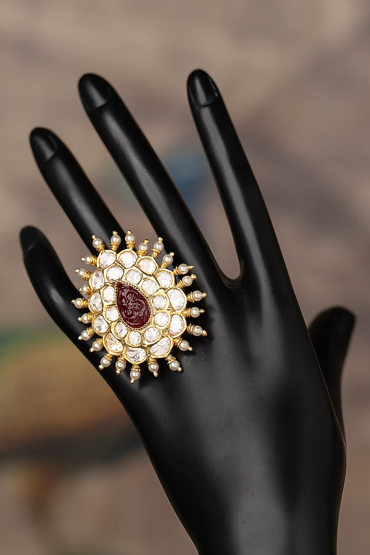 Gold Plated Kundan Polki & Ruby Stone Ring In Sterling Silver by Varq Jewels at Pernia's Pop Up Shop