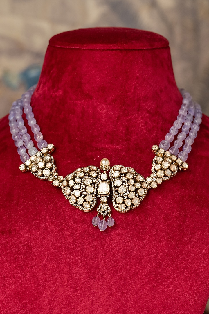 Gold Finish Kundan Polki Necklace In Sterling Silver by Varq Jewels at Pernia's Pop Up Shop