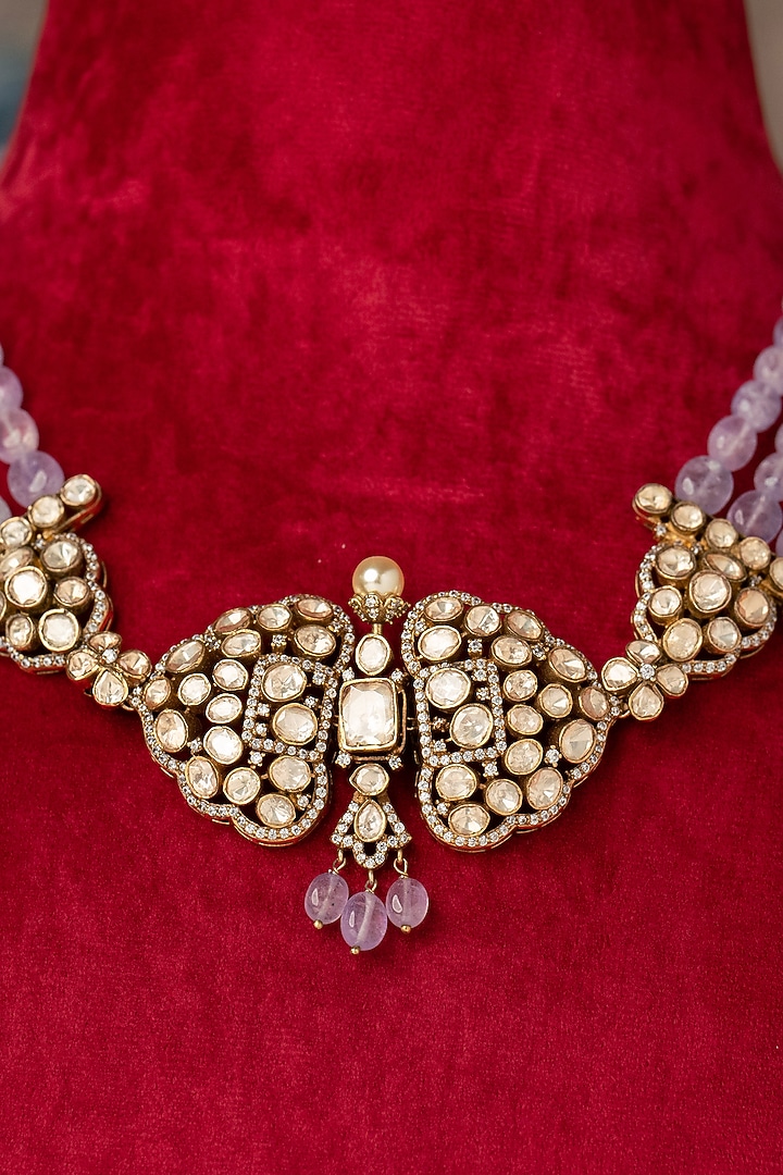 Gold Finish Kundan Polki Necklace In Sterling Silver by Varq Jewels at Pernia's Pop Up Shop