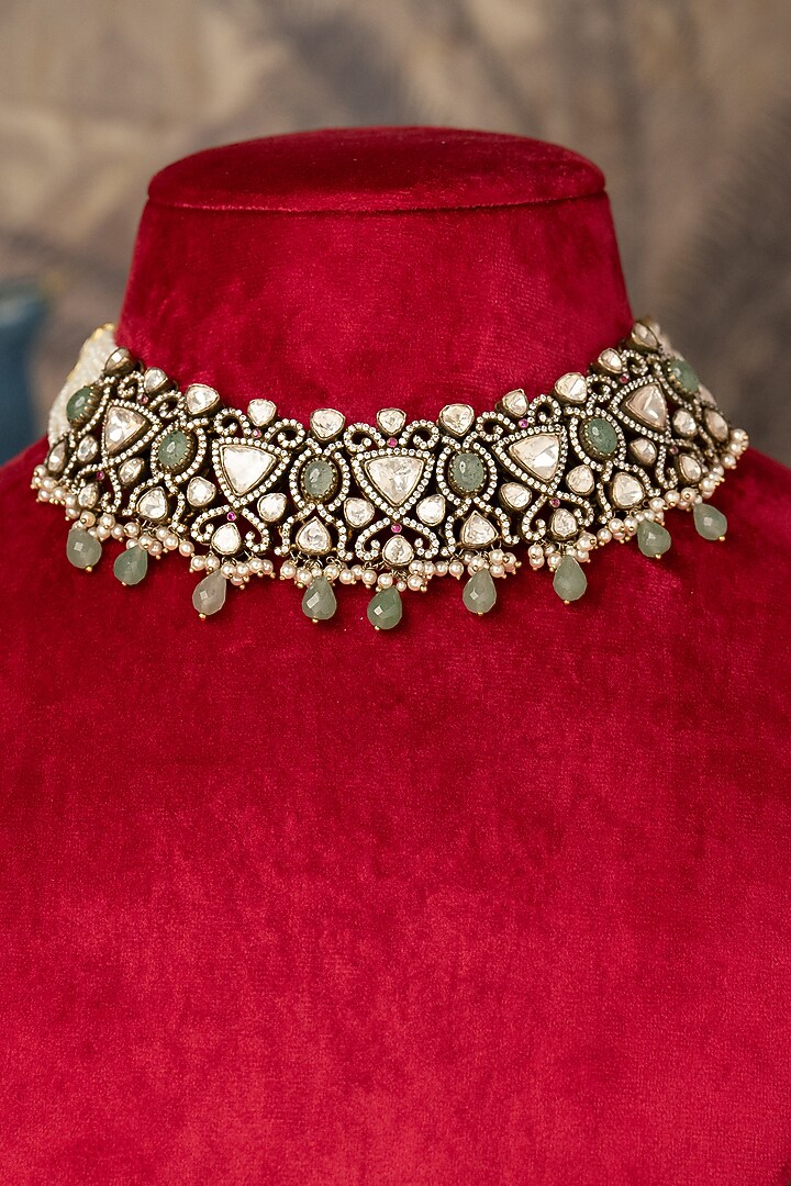 Gold Finish Green Kundan Polki Necklace In Sterling Silver by Varq Jewels at Pernia's Pop Up Shop