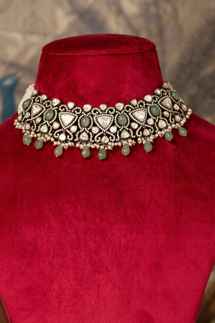 Gold Finish Green Kundan Polki Necklace In Sterling Silver by Varq Jewels at Pernia's Pop Up Shop