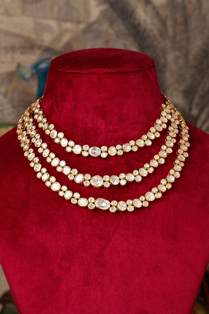Gold Plated White Kundan Polki Necklace In Sterling Silver by Varq Jewels at Pernia's Pop Up Shop