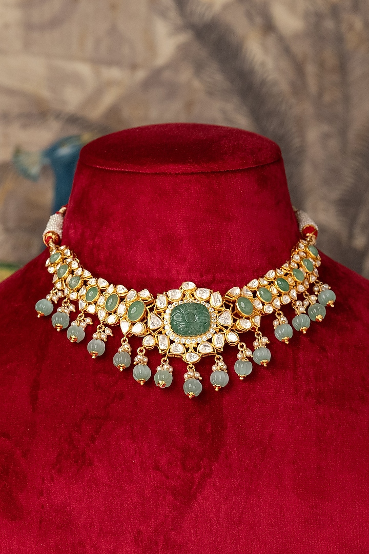 Gold Plated Green Kundan Polki Necklace In Sterling Silver by Varq Jewels at Pernia's Pop Up Shop