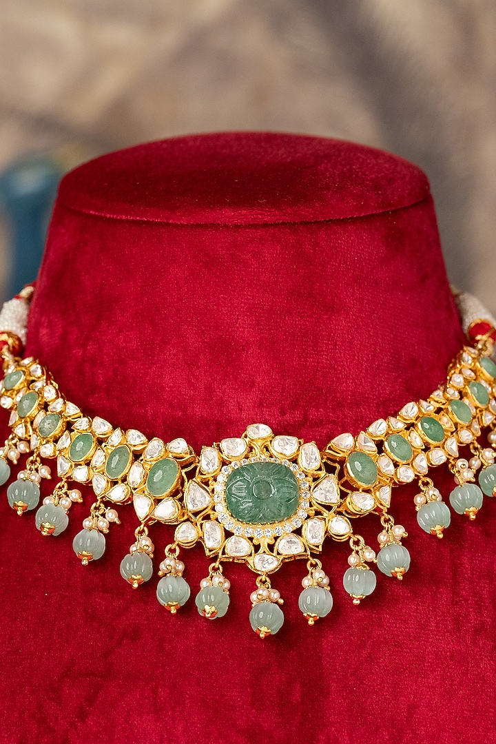 Gold Plated Green Kundan Polki Necklace In Sterling Silver by Varq Jewels at Pernia's Pop Up Shop
