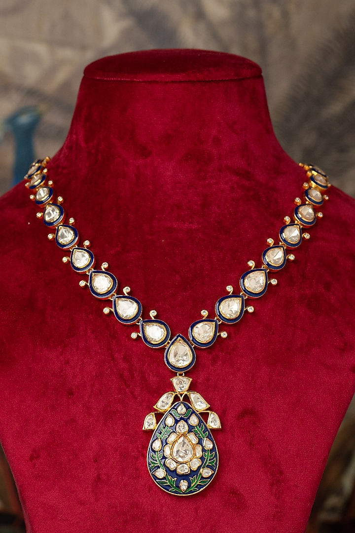 Gold Plated Blue Kundan Polki Necklace In Sterling Silver by Varq Jewels at Pernia's Pop Up Shop