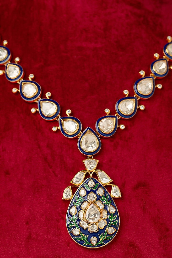 Gold Plated Blue Kundan Polki Necklace In Sterling Silver by Varq Jewels at Pernia's Pop Up Shop