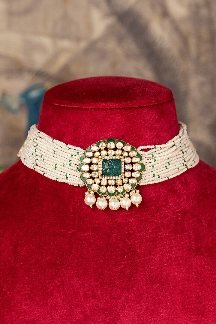 Gold Plated Kundan Polki & Green Stone Choker Necklace In Sterling Silver by Varq Jewels at Pernia's Pop Up Shop