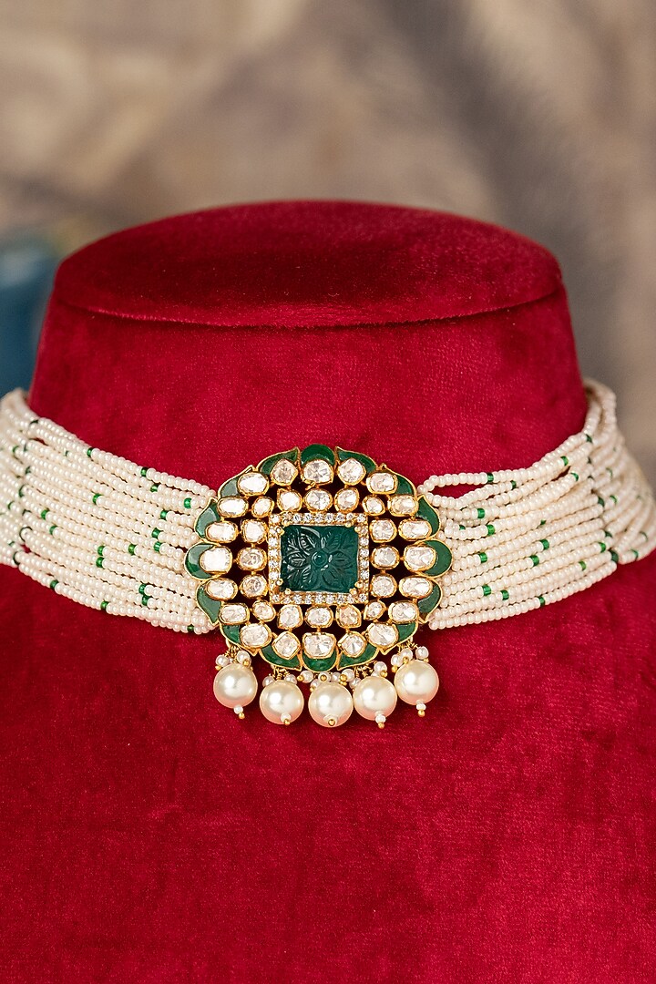 Gold Plated Kundan Polki & Green Stone Choker Necklace In Sterling Silver by Varq Jewels at Pernia's Pop Up Shop