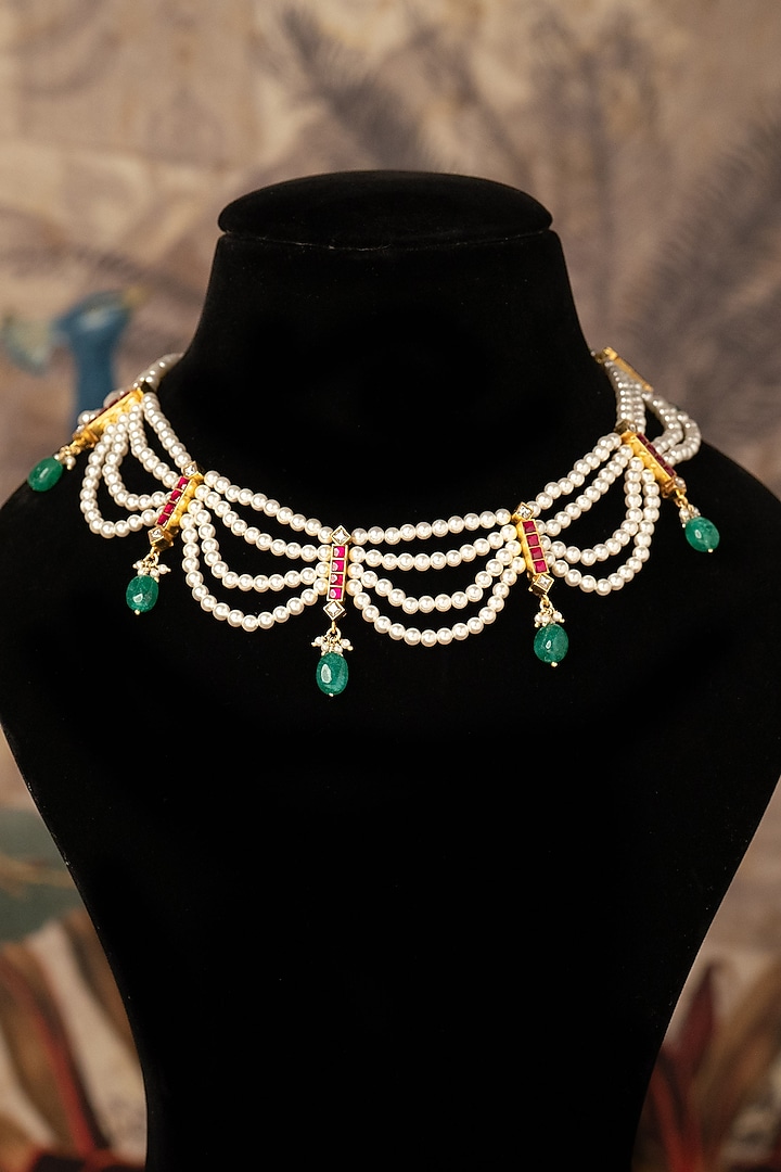 Gold Plated Green Kundan Polki Necklace In Sterling Silver by Varq Jewels at Pernia's Pop Up Shop