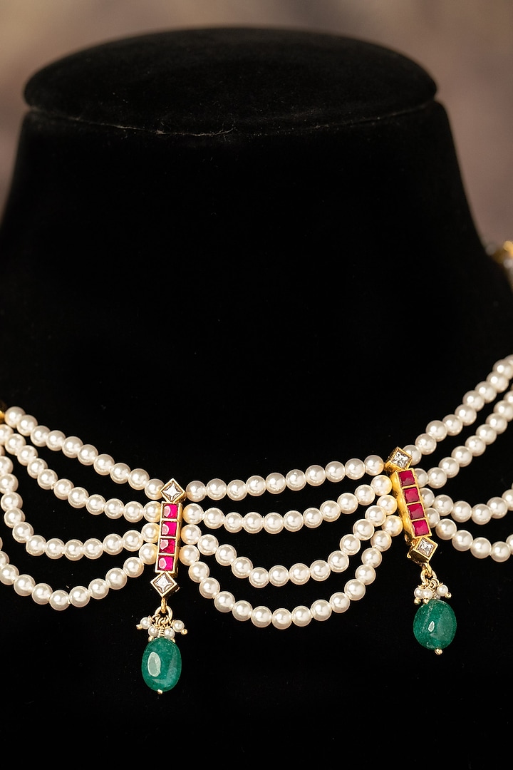 Gold Plated Green Kundan Polki Necklace In Sterling Silver by Varq Jewels at Pernia's Pop Up Shop