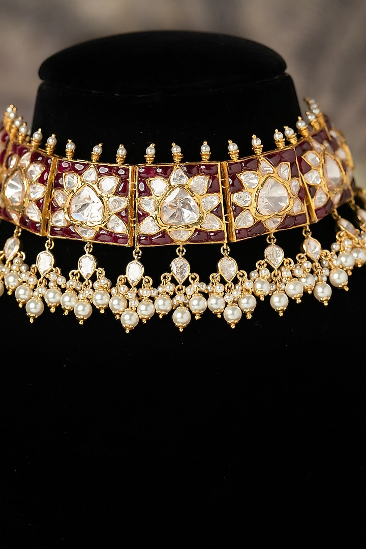 Gold Plated Red Kundan Polki Necklace In Sterling Silver by Varq Jewels at Pernia's Pop Up Shop