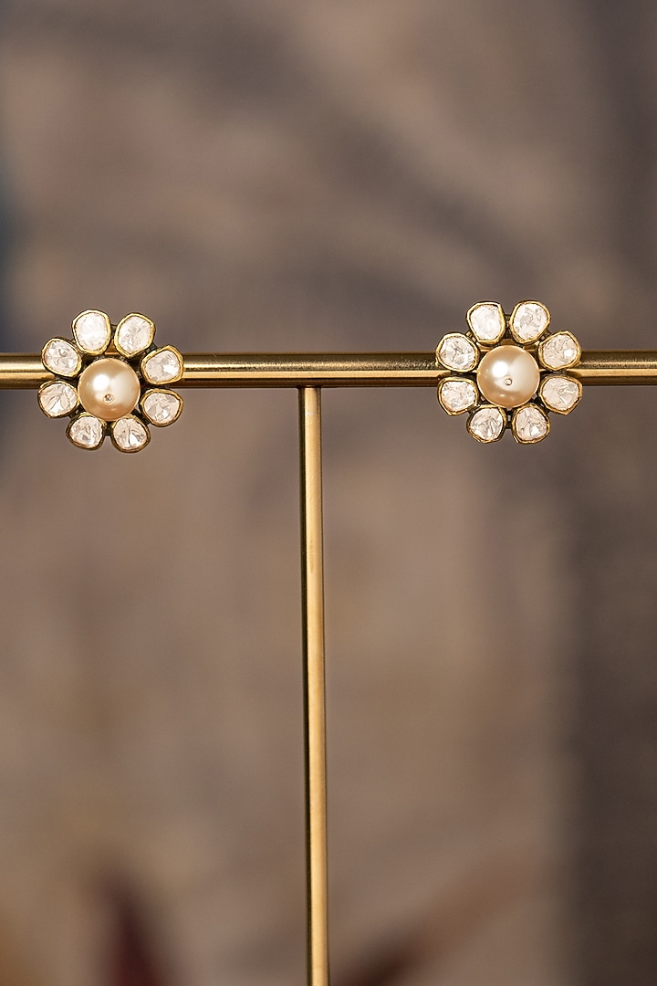 Gold Plated White Kundan Polki Stud Earrings In Sterling Silver by Varq Jewels at Pernia's Pop Up Shop