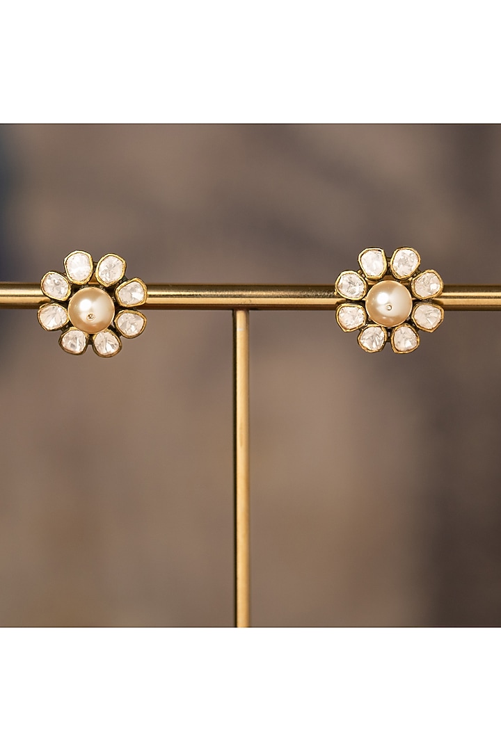 Gold Plated White Kundan Polki Stud Earrings In Sterling Silver by Varq Jewels at Pernia's Pop Up Shop