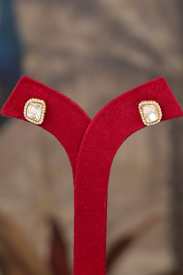 Gold Plated White Kundan Polki Stud Earrings In Sterling Silver by Varq Jewels at Pernia's Pop Up Shop