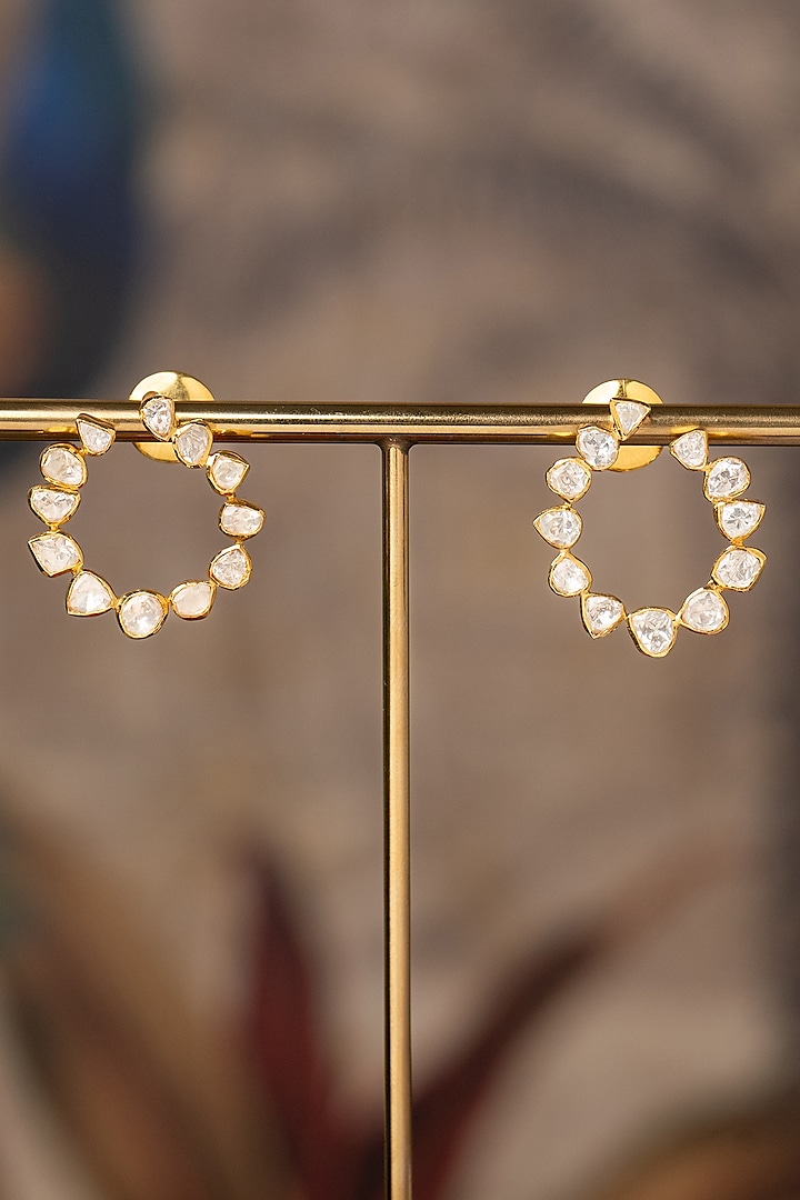 Gold Plated White Kundan Polki Stud Earrings In Sterling Silver by Varq Jewels at Pernia's Pop Up Shop