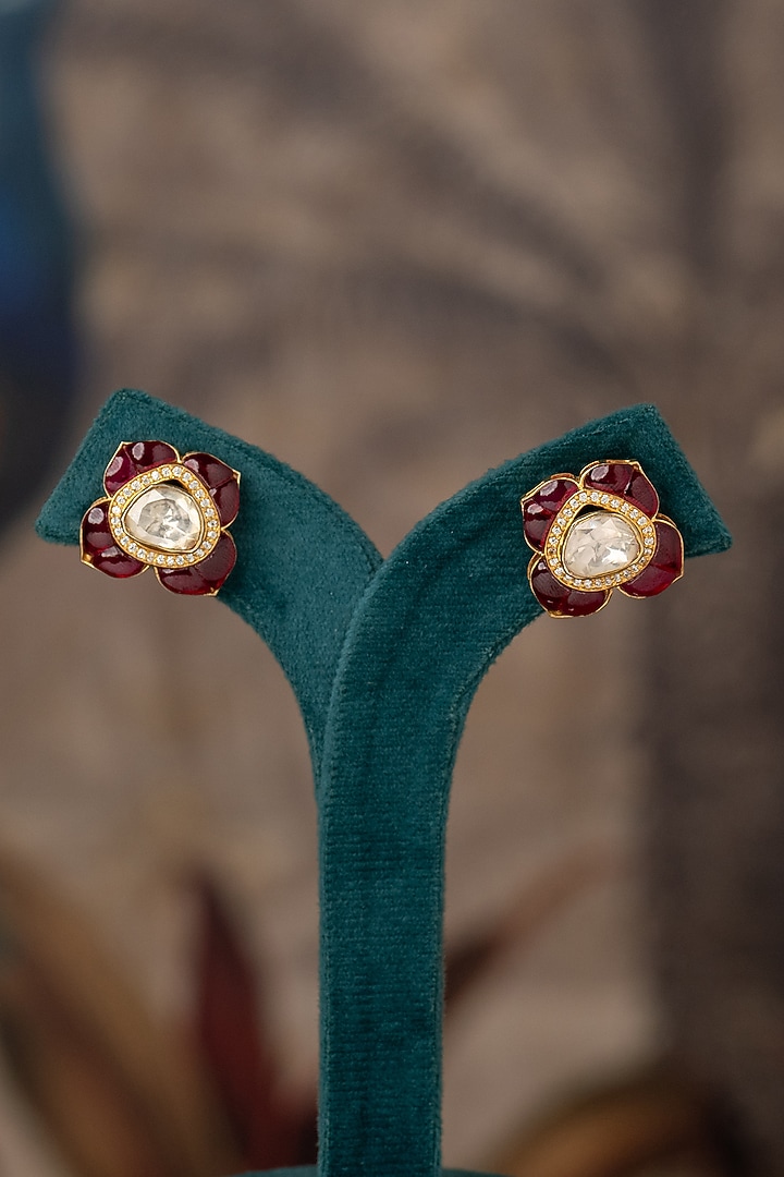Gold Finish Red Kundan Polki Stud Earrings In Sterling Silver by Varq Jewels at Pernia's Pop Up Shop