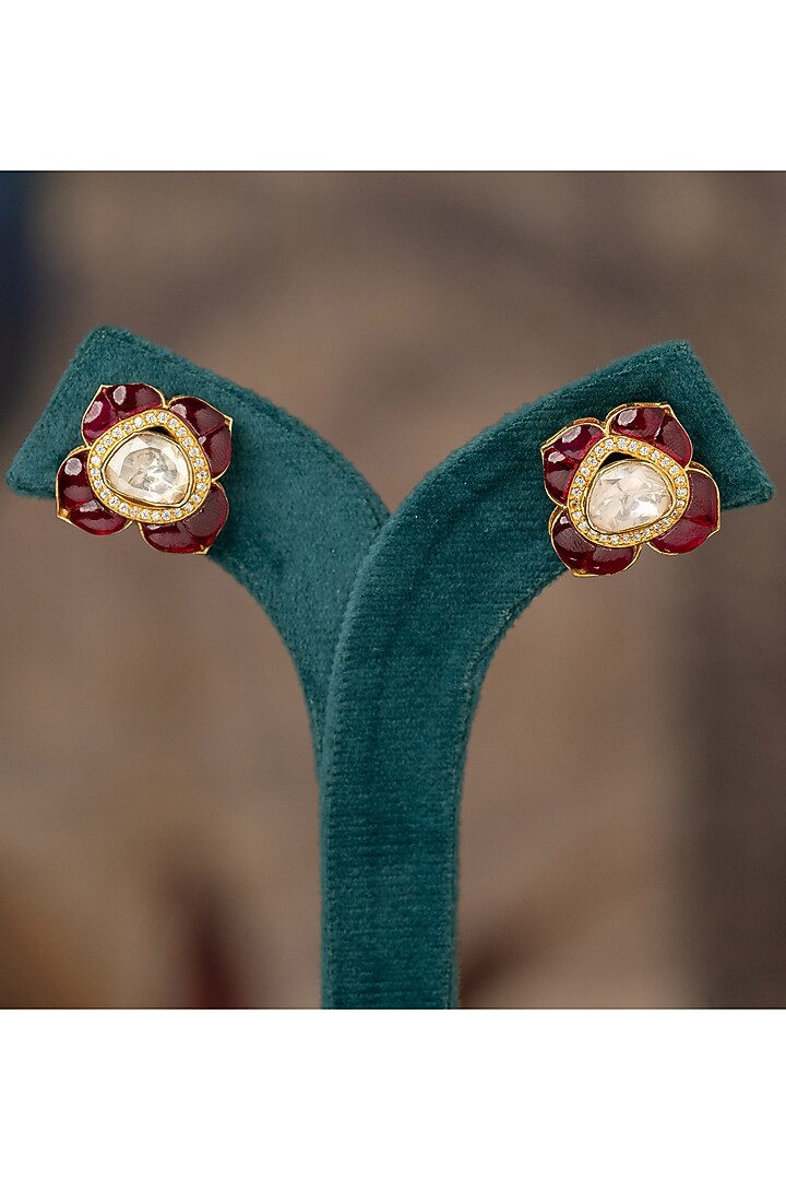 Gold Finish Red Kundan Polki Stud Earrings In Sterling Silver by Varq Jewels at Pernia's Pop Up Shop