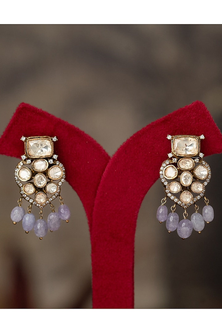Gold Finish Kundan Polki Owl Dangler Earrings In Sterling Silver by Varq Jewels at Pernia's Pop Up Shop