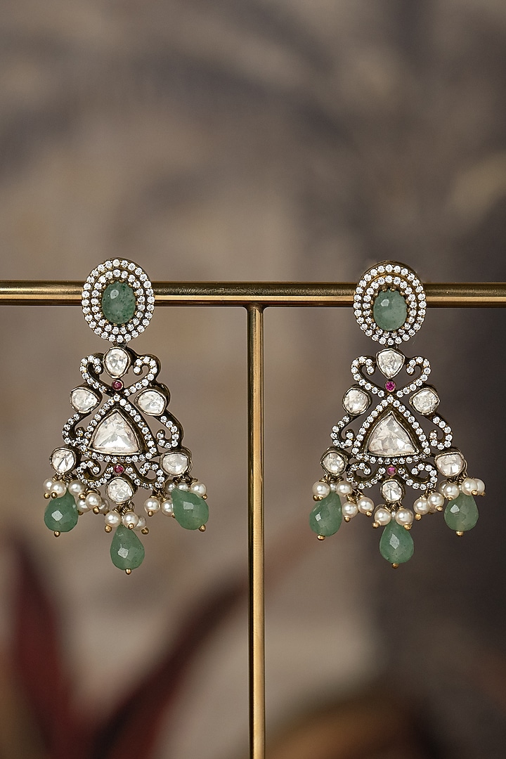 Gold Finish Green Kundan Polki Dangler Earrings In Sterling Silver by Varq Jewels at Pernia's Pop Up Shop