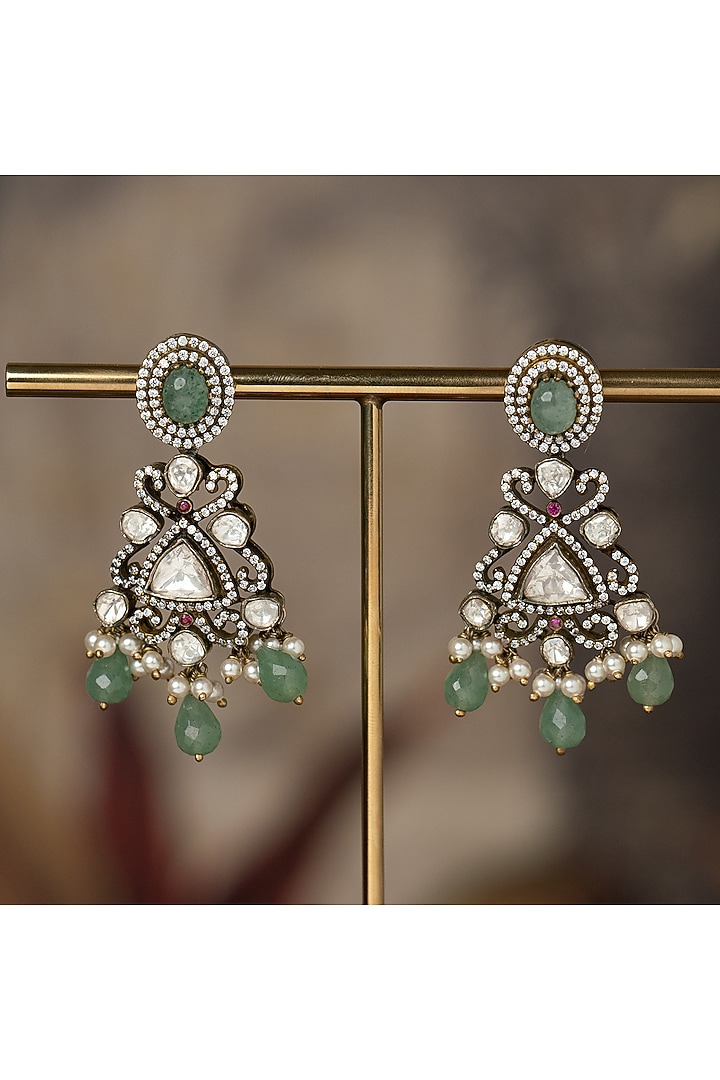 Gold Finish Green Kundan Polki Dangler Earrings In Sterling Silver by Varq Jewels at Pernia's Pop Up Shop