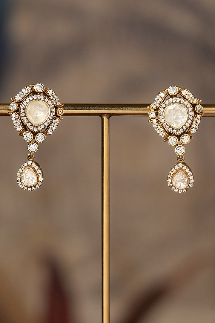 Gold Finish White Kundan Polki Dangler Earrings In Sterling Silver by Varq Jewels at Pernia's Pop Up Shop