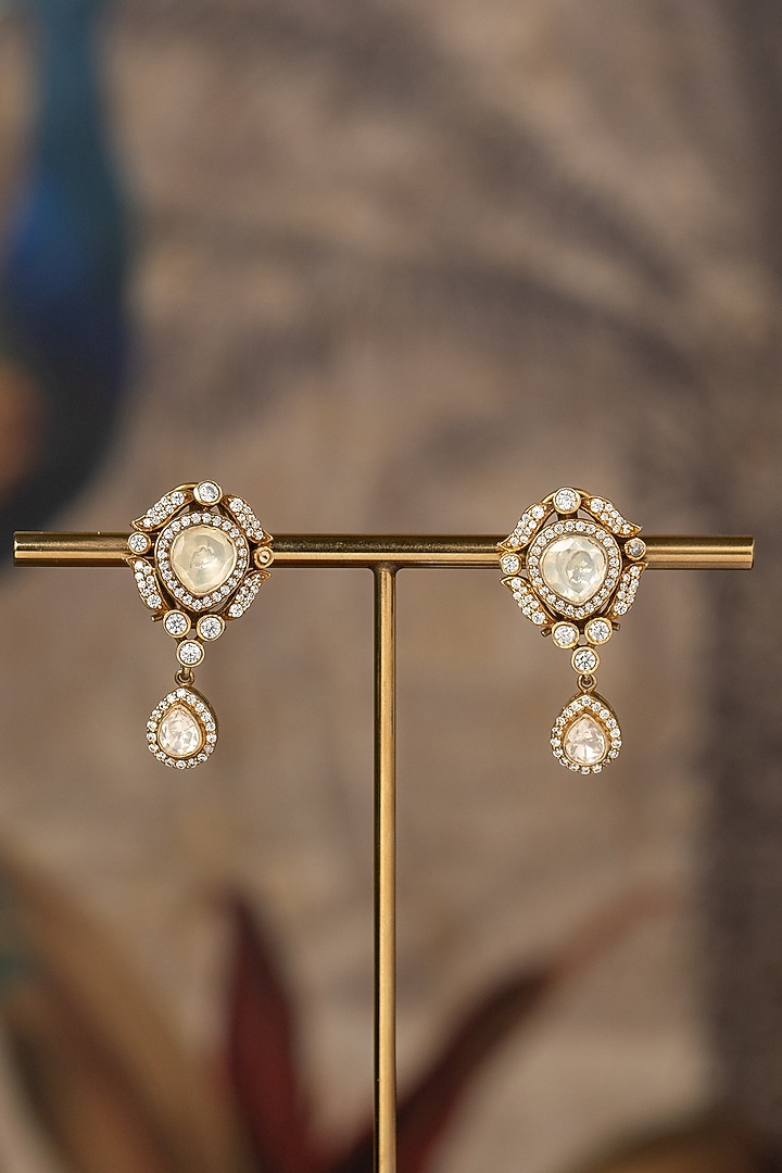 Gold Finish White Kundan Polki Dangler Earrings In Sterling Silver by Varq Jewels at Pernia's Pop Up Shop