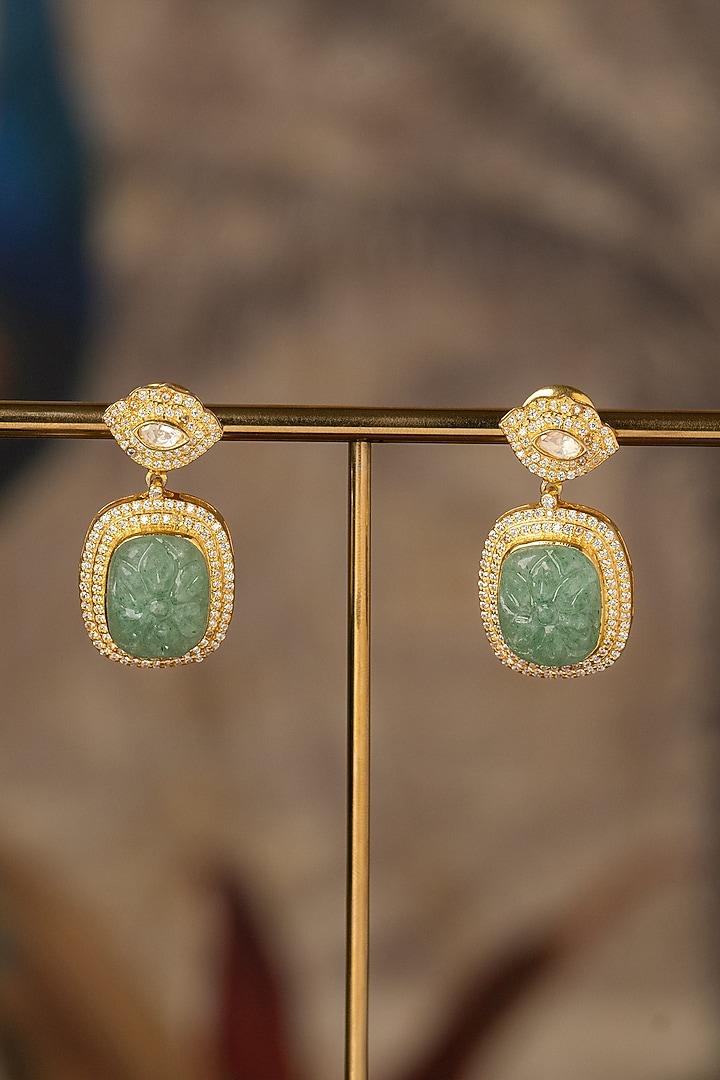 Gold Plated Green Kundan Polki Dangler Earrings In Sterling Silver by Varq Jewels at Pernia's Pop Up Shop