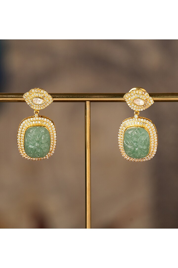 Gold Plated Green Kundan Polki Dangler Earrings In Sterling Silver by Varq Jewels at Pernia's Pop Up Shop
