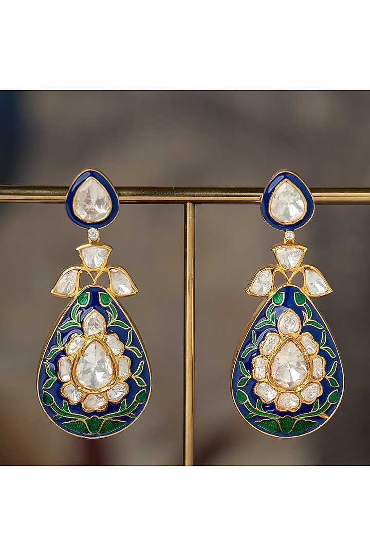 Gold Plated Blue Kundan Polki Dangler Earrings In Sterling Silver by Varq Jewels at Pernia's Pop Up Shop