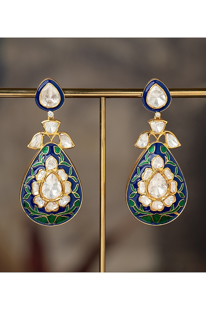 Gold Plated Blue Kundan Polki Dangler Earrings In Sterling Silver by Varq Jewels at Pernia's Pop Up Shop