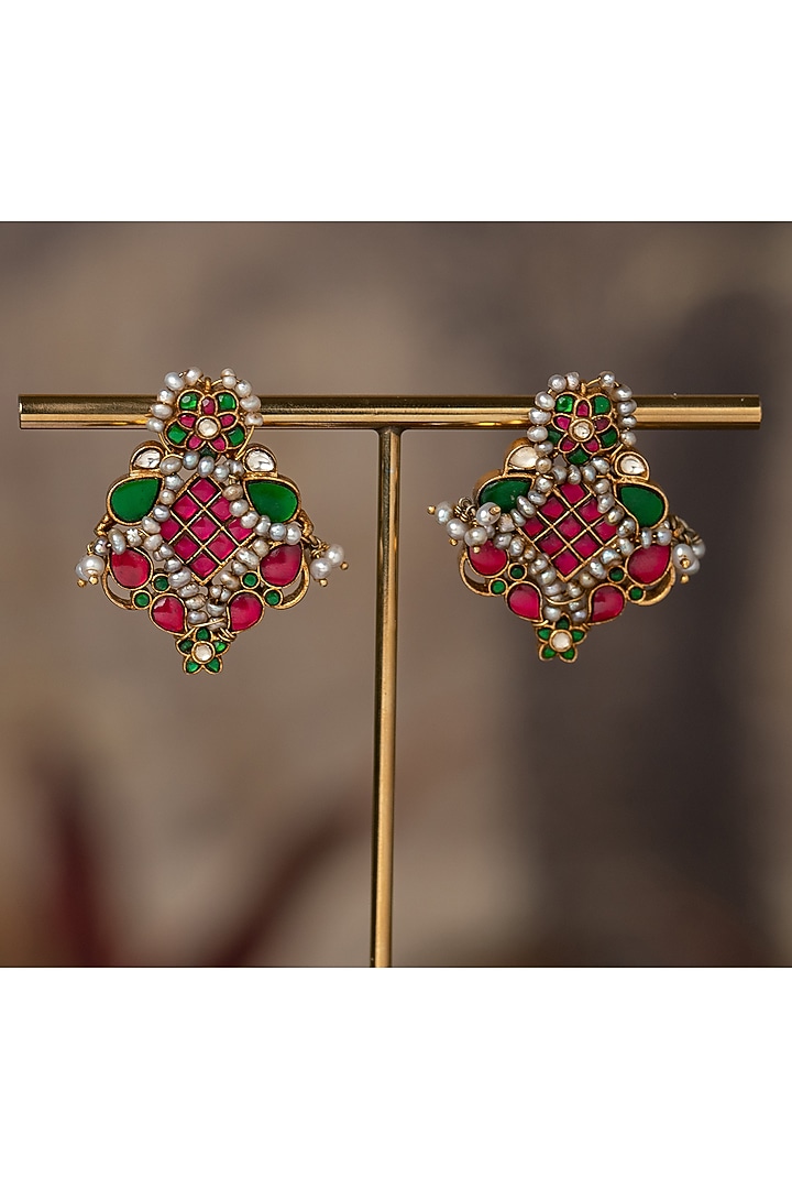 Gold Plated Multi-Colored Kundan Polki Dangler Earrings In Sterling Silver by Varq Jewels at Pernia's Pop Up Shop