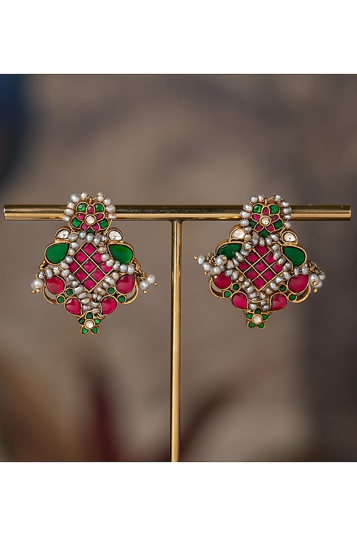 Gold Plated Multi-Colored Kundan Polki Dangler Earrings In Sterling Silver by Varq Jewels at Pernia's Pop Up Shop