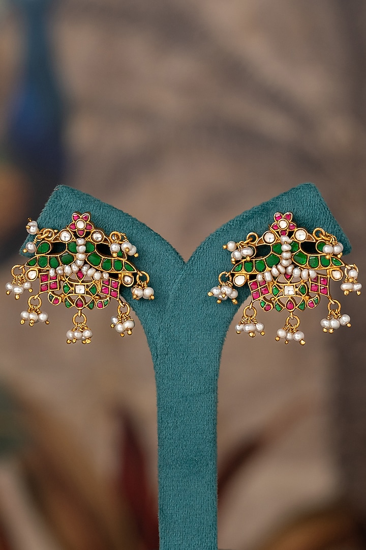 Gold Plated Multi-Colored Kundan Polki Dangler Earrings In Sterling Silver by Varq Jewels at Pernia's Pop Up Shop
