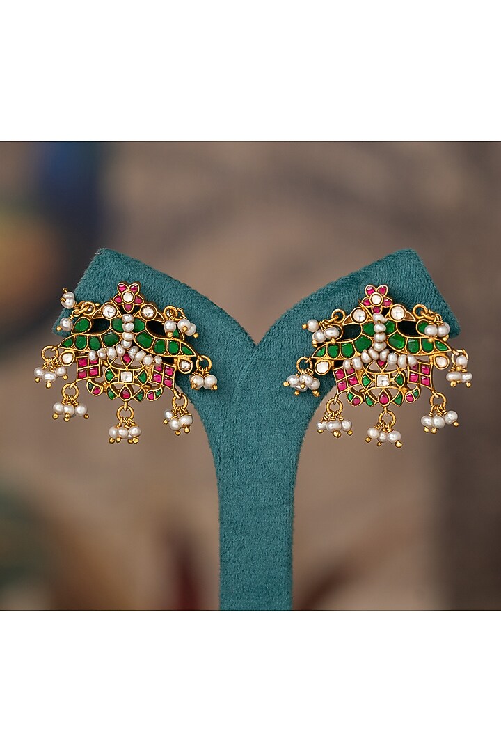 Gold Plated Multi-Colored Kundan Polki Dangler Earrings In Sterling Silver by Varq Jewels at Pernia's Pop Up Shop