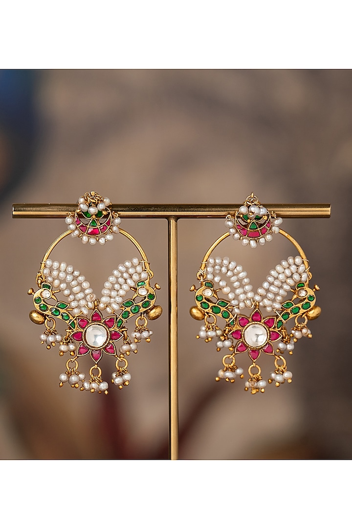 Gold Plated Multi-Colored Kundan Polki Dangler Earrings In Sterling Silver by Varq Jewels at Pernia's Pop Up Shop