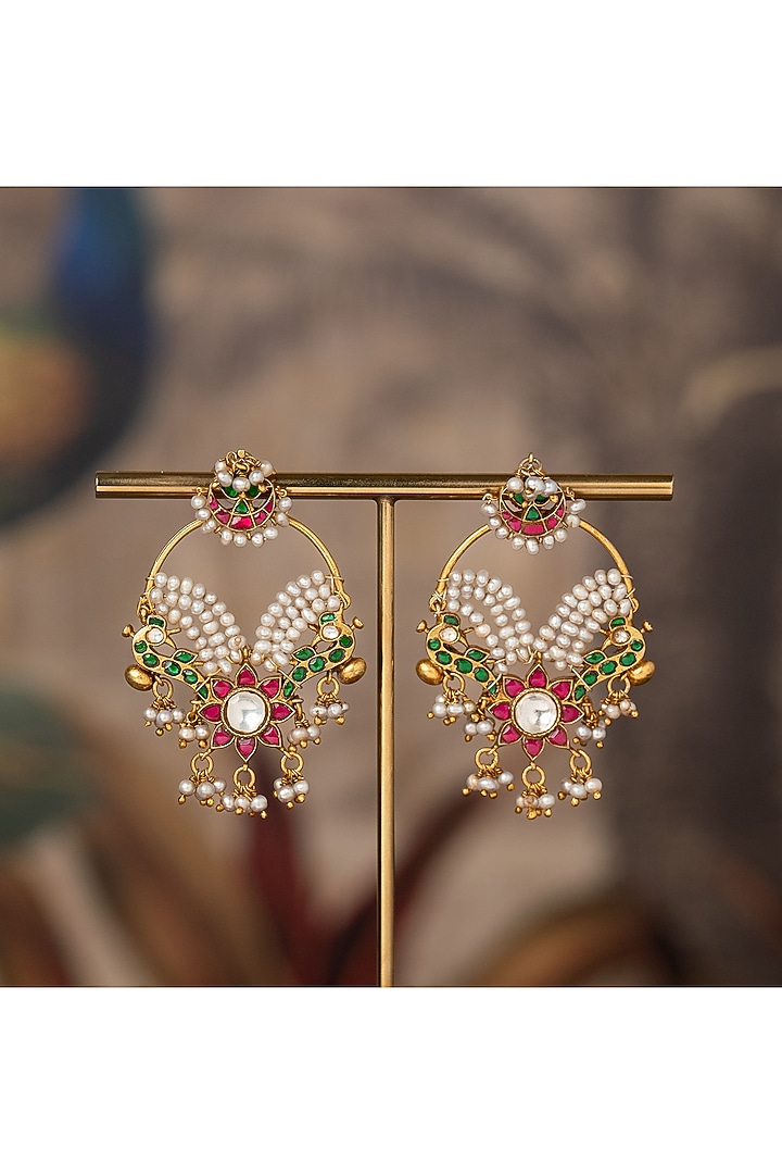 Gold Plated Multi-Colored Kundan Polki Dangler Earrings In Sterling Silver by Varq Jewels at Pernia's Pop Up Shop