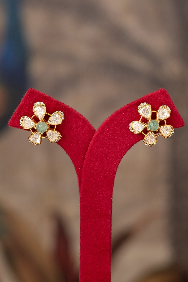 Gold Plated Green Kundan Polki Stud Earrings In Sterling Silver by Varq Jewels at Pernia's Pop Up Shop