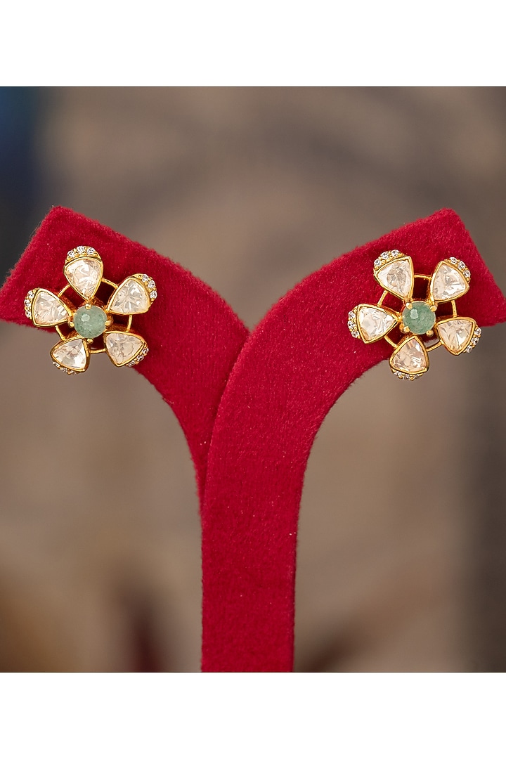 Gold Plated Green Kundan Polki Stud Earrings In Sterling Silver by Varq Jewels at Pernia's Pop Up Shop
